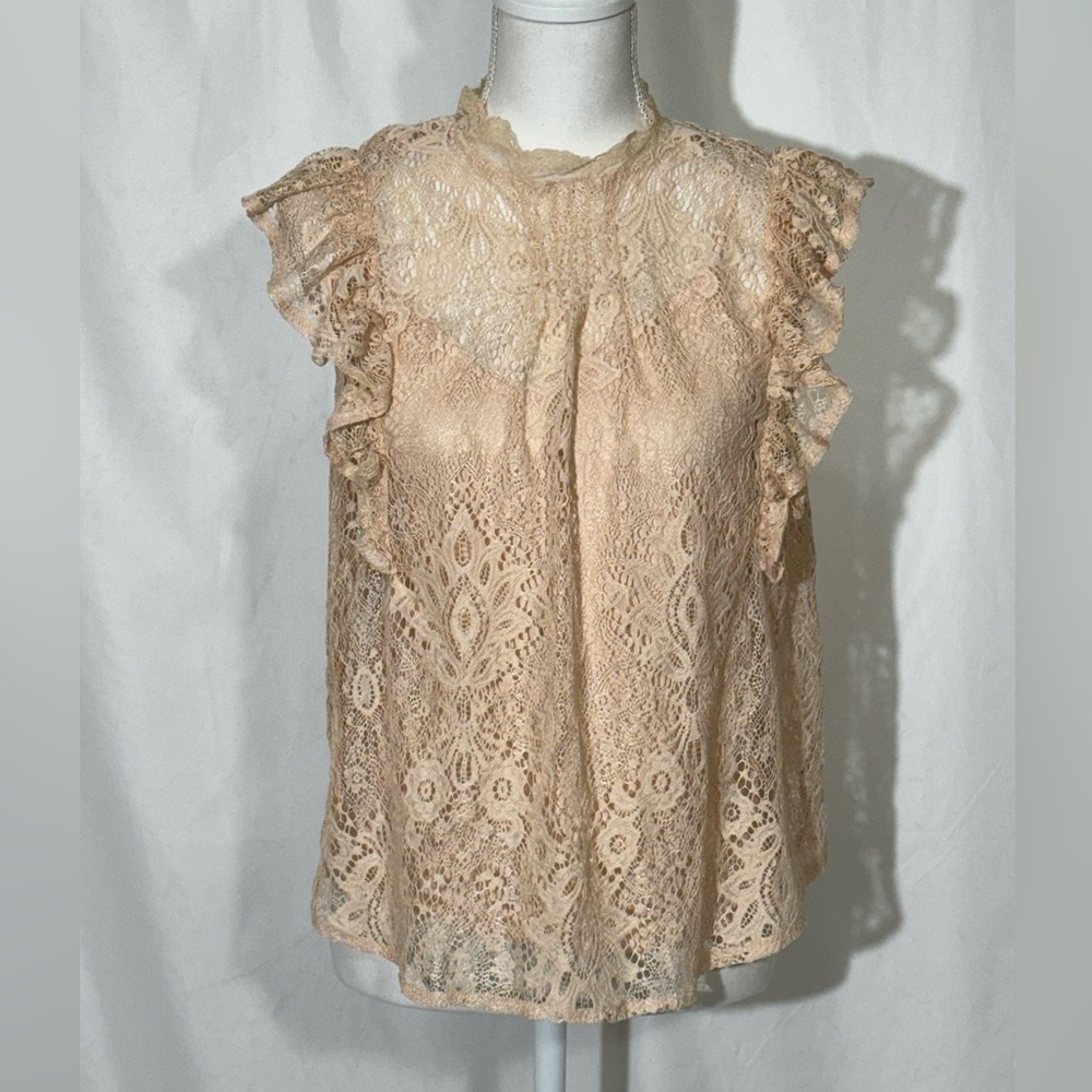 Melograno Rico Lace Top Beige Ruffle Short Sleeves and Liner Womens Large